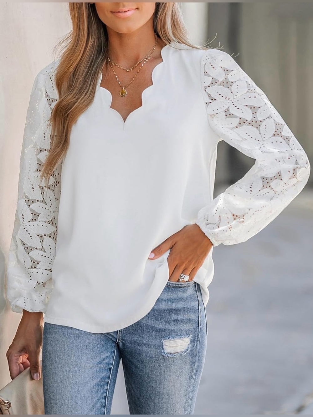 NWT Cupshe White Floral Lace Scalloped V-Neck Top Blouse - Size L
